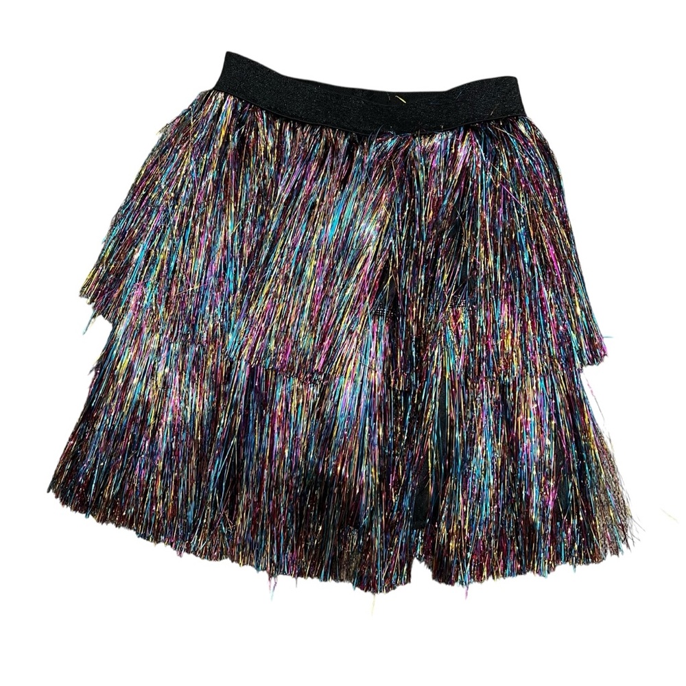 2/$15 Hyde & Eek Girls OSFM 7-14 Black and Rainbow Tinsel Fringe Short Skirt